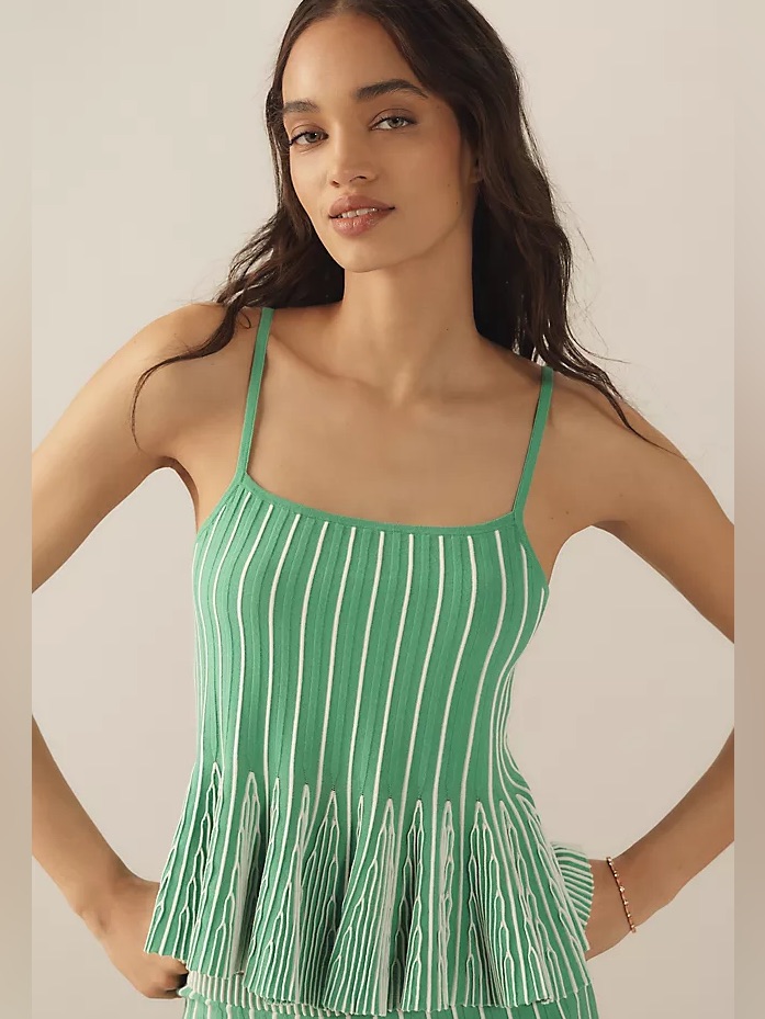Anthropologie Maeve Green White Striped Ruffled Peplum Knit Tank Top -Size Small
